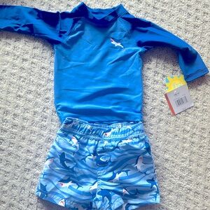 Little me NWT swim trunks w long sleeve spf swim shirt Rashguard blue shark 12m